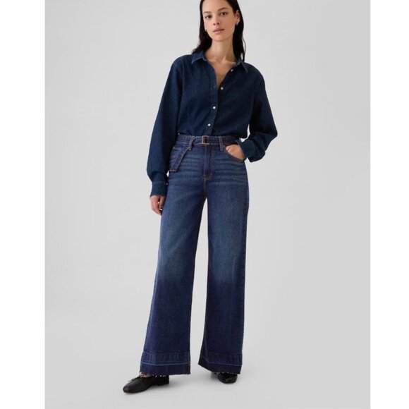 Gap Jeans Womens High Rise wide leg size 16 R Denim belted released hem New - Picture 1 of 9